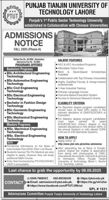 Admission notice for Punjab Tianjin University of Technology (PTUT) Lahore
